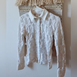 Anne Fontaine Lace Sheer Long Sleeve Button Down Blouse Shirt White Size EU 38